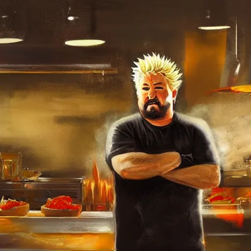 Prompt: Guy Fieri in a modern restaurant kitchen, painting by Greg Rutkowski, dramatic lighting, at night, sharp focus