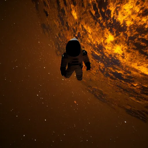 Prompt: dark photograph of an astronaut, lit from bottom, full body photo,, 8 k