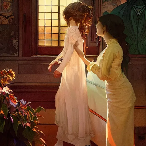 Image similar to young girl saying goodbye to her mother, highly detailed, digital painting, artstation, concept art, sharp focus, illustration, art by alex ross and greg rutkowski and alphonse mucha