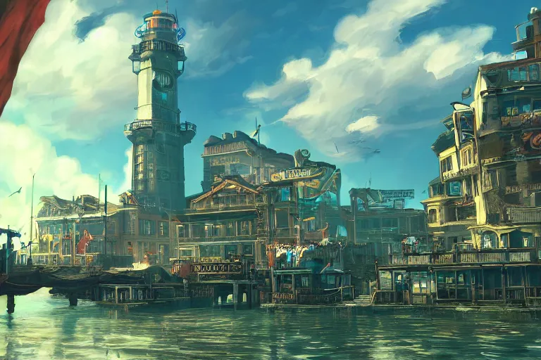 Image similar to beautiful water city in the style of a bioshock infinite screenshot, concept art, artstation, deviantart, behance, highly detailed