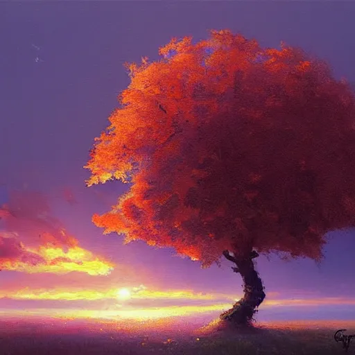 Prompt: a beautiful painting by banska stiavnica nature in sunset, translucent fruit tree, peach, by greg rutkowski and james gurney, artstation