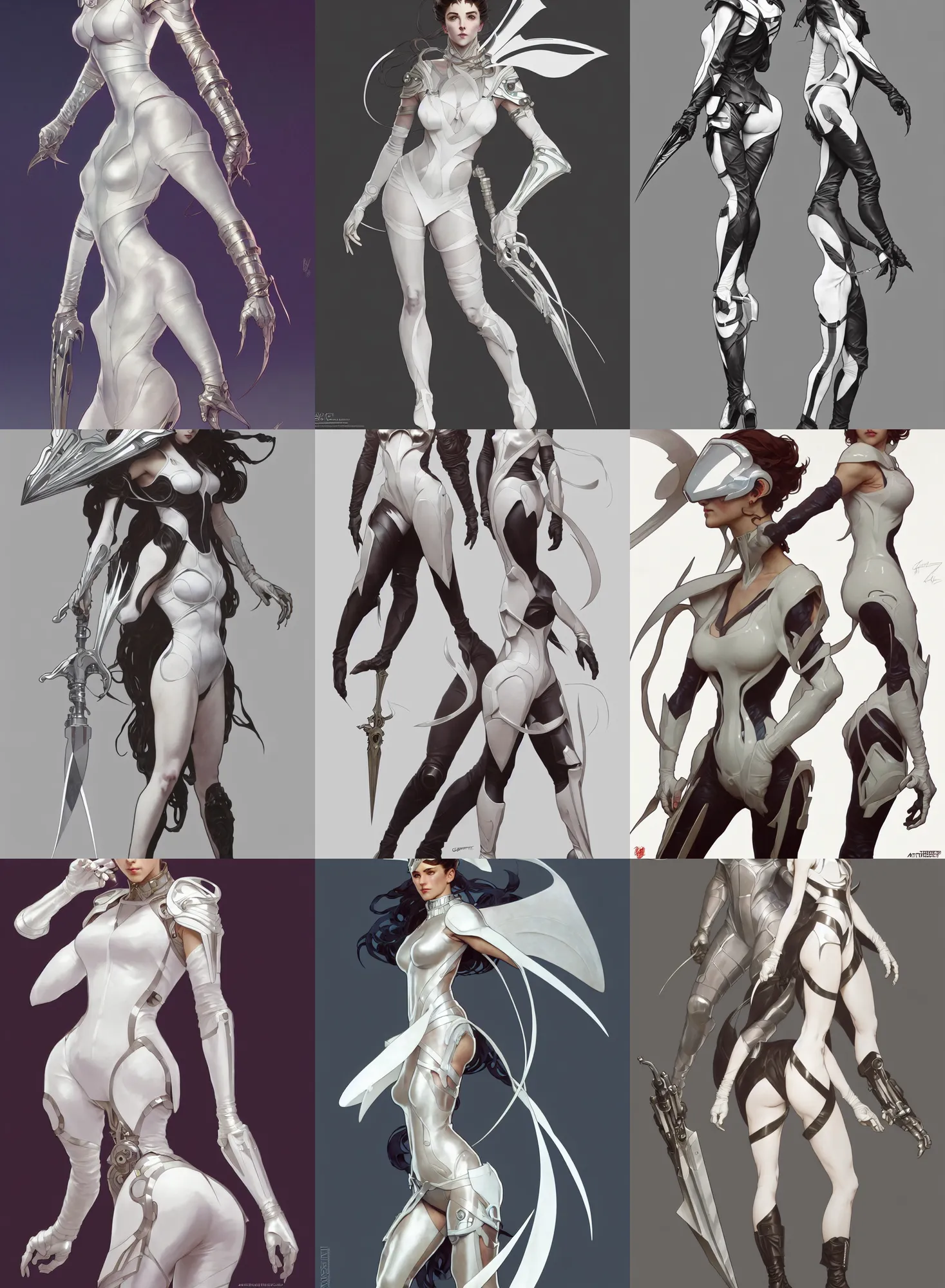 Image similar to a full body character design by artgerm, cushart krenz, greg rutkowski and alphonse mucha. sci - fi dagger. white tape project show attctive showgirl!! full body with helmet!! sharp edge. ultra clear detailed. contour light effect!! 8 k. stage light. ultra detailed, elegant, intricate, octane render.