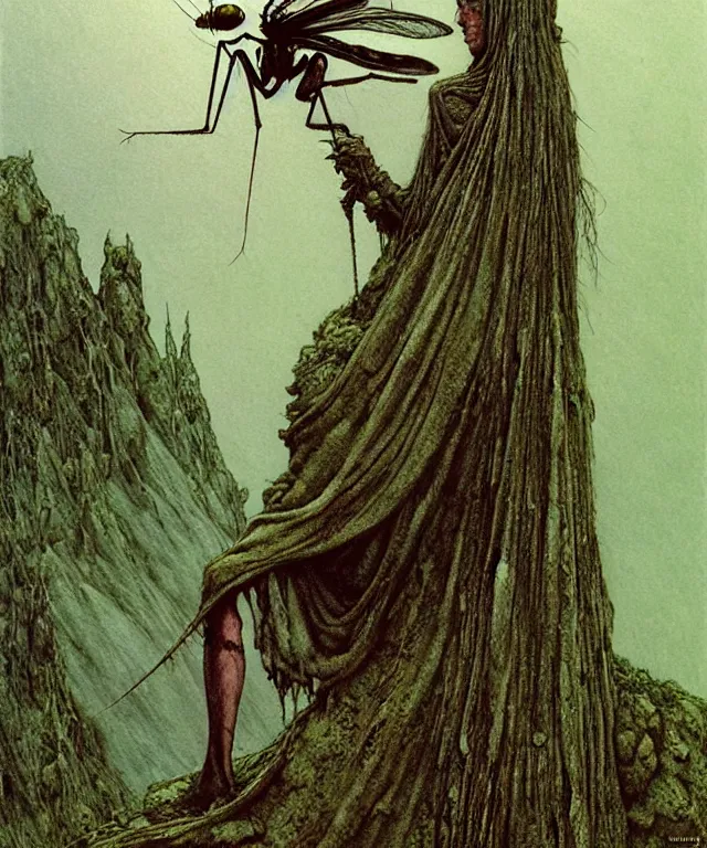 Image similar to a detailed mosquitowoman stands among the hills. wearing a ripped mantle, robe. perfect faces, gnats, extremely high details, realistic, fantasy art, solo, masterpiece, art by zdzislaw beksinski, arthur rackham, dariusz zawadzki