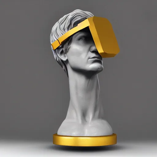 Image similar to a hyper real comic book style portait painting of a stone statue with a golden vr headset on it, unreal 5, hyperrealistic, octane render, cosplay, rpg portrait, dynamic lighting