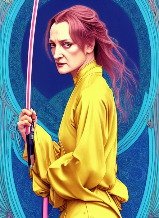 Image similar to uma thurman in kill bill, rococo and art nouveau fusion, iridescent diaphanous refractive and reflective katana, yelliw jumpsuit, highly detailed, deep focus, elegant, digital painting, smooth, sharp focus, illustration, ultra realistic, japanese art by artgerm and alphonse mucha