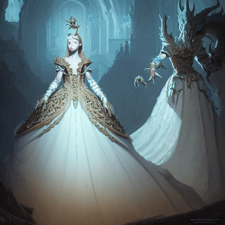 Prompt: portrait of a baroque princess dress from the fantasy world for the dragon queen atey gailan, greg rutkowski, greg tocchini, james gillard, joe fenton, kete butcher, dynamic lighting, gradient light blue, brown, light cream and white colors, grunge aesthetics, detailed and complex environment