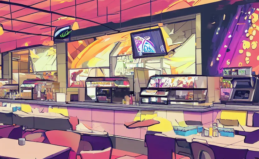 Prompt: the interior of a taco bell, anime scenery, digital art