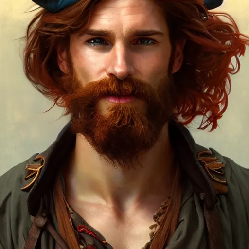 Image similar to portrait of a young ruggedly handsome but joyful pirate, male, masculine, upper body, red hair, long hair, d & d, fantasy, soft smirk, intricate, elegant, highly detailed, digital painting, artstation, concept art, matte, sharp focus, illustration, art by artgerm and greg rutkowski and alphonse mucha