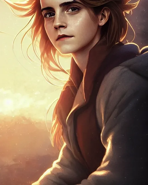 Image similar to Emma Watson as Hermione Granger, magnificent, medium shot, close up, details, sharp focus, elegant, highly detailed, illustration, by Jordan Grimmer and greg rutkowski and PiNe(パイネ) and 薯子Imoko and 香川悠作 and wlop!!!! and maya takamura, intricate, beautiful, Trending artstation, pixiv, digital Art