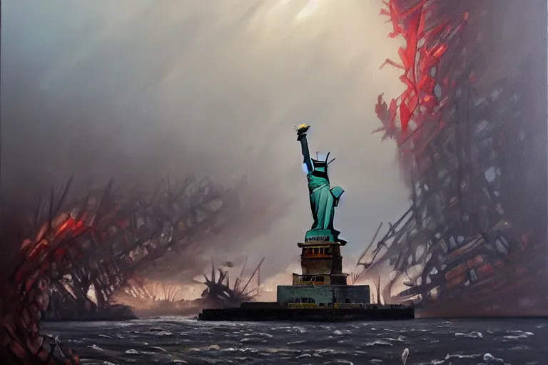 Prompt: grim oil painting of a destroyed statue of liberty, magali villeneuve, trending on artstation