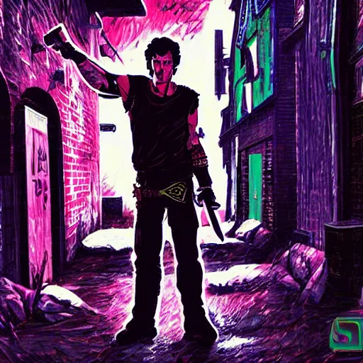 Image similar to todd howard with a switchblade in a alleyway, forcing you to buy skyrim, threatening, sharp, colorful, digital art, neon, bright, realism, bold