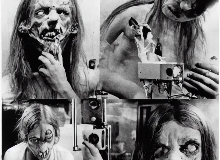 Prompt: disturbing 3 5 mm footage of exploded head crooked teeth blood horror film practical fx by david cronenberg 1 9 7 0