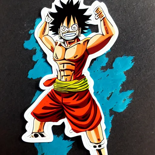 Image similar to die cut sticker, luffy gear 4, splatter paint on paper