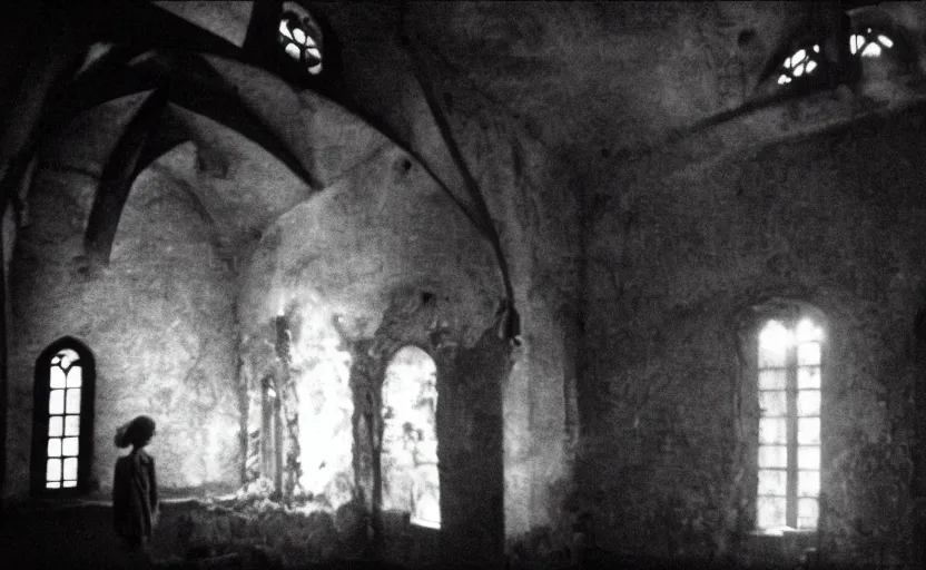 Image similar to contemplation of a crumbling chapel, still from an old surrealist black and white movie directed by Jan Svankmajer, Béla Tarr, Ingrid Bergman and Robert Wiene. Dark background, dramatic lighting, detailed, cinematic