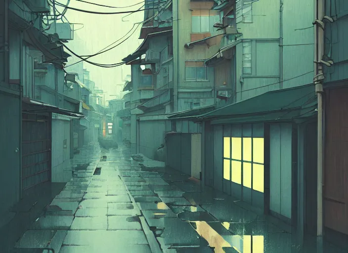 Prompt: window in foreground, tokyo alleyway, rainy day, by cory loftis, makoto shinkai, hasui kawase, james gilleard, beautiful, serene, peaceful, lonely, golden curve composition