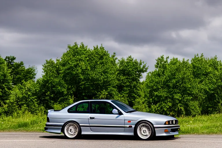 Prompt: A BMW e36 parked in a road with trees, summer season, Epic photography, taken with a Canon DSLR camera, 50 mm, depth of field