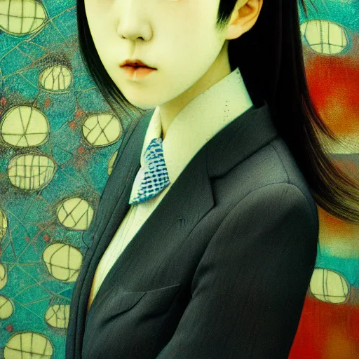 Image similar to yoshitaka amano blurred and dreamy realistic three quarter angle portrait of a young woman with short hair and black eyes wearing office suit with tie, junji ito abstract patterns in the background, satoshi kon anime, noisy film grain effect, highly detailed, renaissance oil painting, weird portrait angle, blurred lost edges