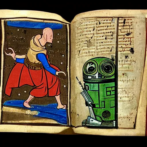 Prompt: page from a 1 4 th century monk's manuscript illustrating an epic battle between r 2 d 2 and pepe the frog