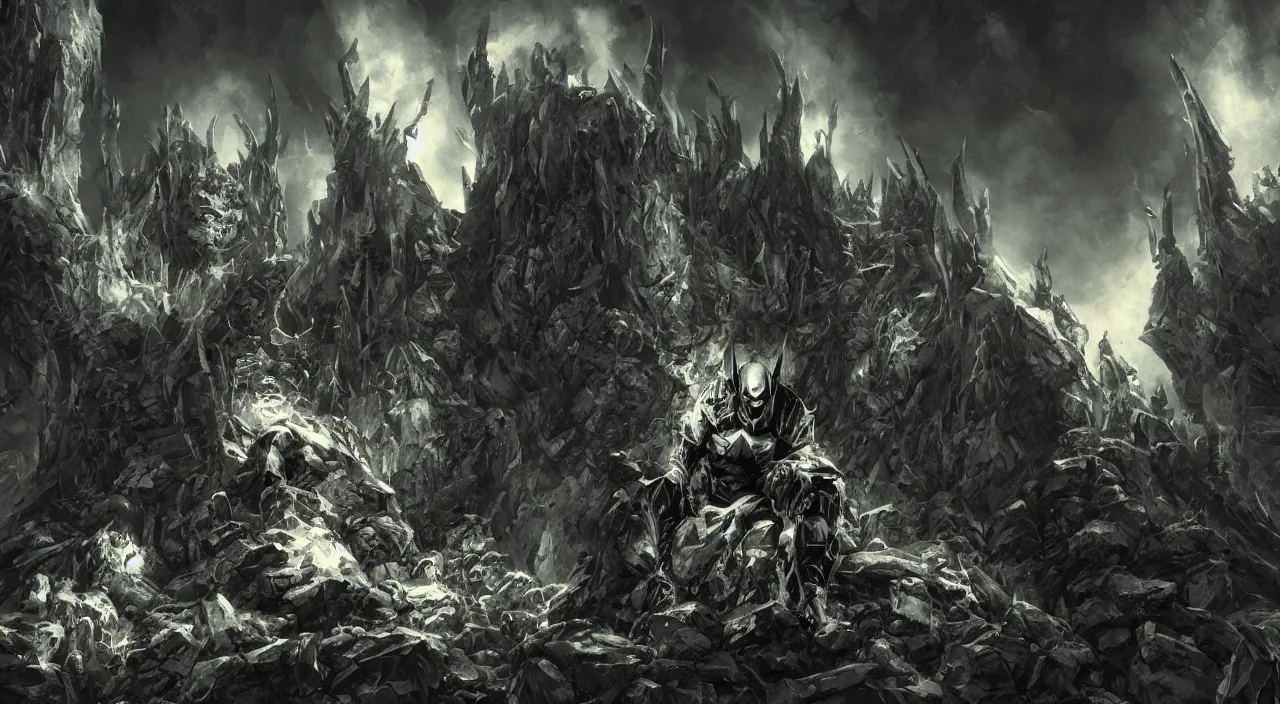 Image similar to deathmetal batman sitting on a throne of skulls, dark cinematic cave environment with hard rim lights and volumetric atmosphere