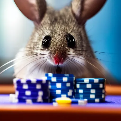 Image similar to small blue mouse standing on a poker table (EOS 5DS R, ISO100, f/8, 1/125, 84mm, postprocessed, crisp face, facial features)