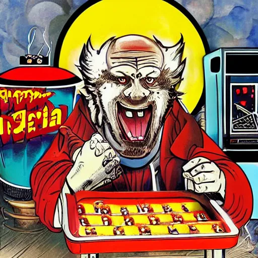 Prompt: pinball machine marquee artwork, an evil space wizard holding a tray of hot dogs over a trashcan in a threatening way, inside a 1 9 8 0's italian mansion