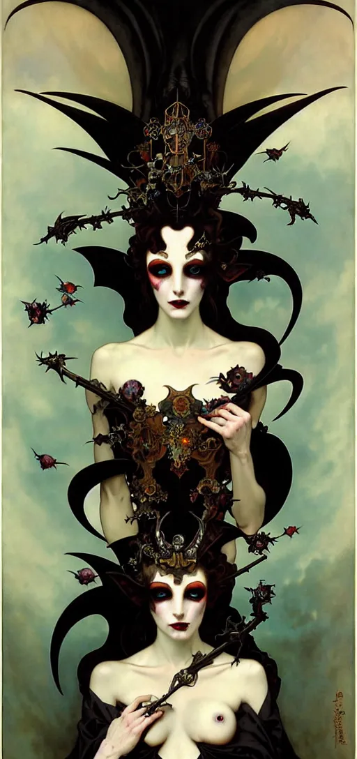 Image similar to baroque oil painting portrait of vampire queen in gothic robes with bat wings, by peter mohrbacher, alphonse mucha, brian froud, yoshitaka amano, kim keever, victo ngai, james jean