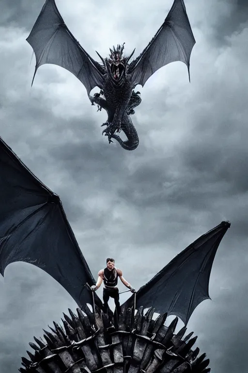 Prompt: a crossfitter riding a very large Dragon from Game of Thrones above city of Bordeaux, in the style of Game of Throne 8th season very matte colors, mysterious and misty and Dark