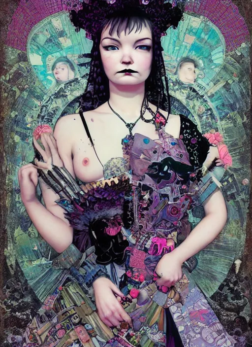 Prompt: cute punk goth fashion fractal young Bjork posing by Zhang Jingna, poster art by Hannah Höch Victor Moscoso Dan Mumford Kilian Eng Hannah Jeffrey Smith Rick Griffin Alphonse Mucha Gustav Klimt Ayami Kojima Amano Charlie Bowater, violet and black