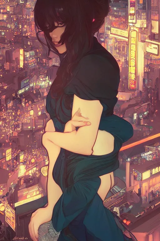 Image similar to A beautiful woman, tokyo at night, highly detailed, digital painting, artstation, concept art, smooth, sharp focus, illustration, art by artgerm and alphonse mucha, high definition digital art, in the style of Ross tran and ilya kuvshinov