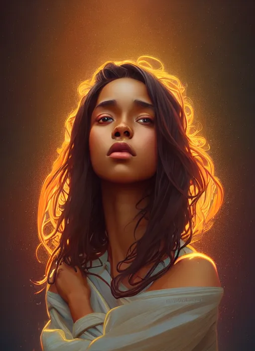 Image similar to handsome young black women with shoulder length brown hair, half body shot, path traced, highly detailed, high quality, digital painting, alena aenami, lilia alvarado, shinji aramaki, karol bak, alphonse mucha, tom bagshaw