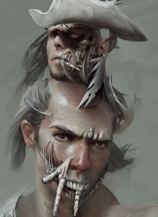 Prompt: a professional digital painting of a pirate with many sets of razor teeth, beautiful bone structure, symmetrical facial features, intricate, elegant, concept art, sharp detail, focused, illustration, smooth render, art style by Ruan Jia and Mandy Jurgens and Ian Spriggs and William-Adolphe Bouguerea