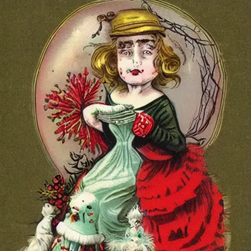 Image similar to a breathtakingly weird bizarre victorian christmas card