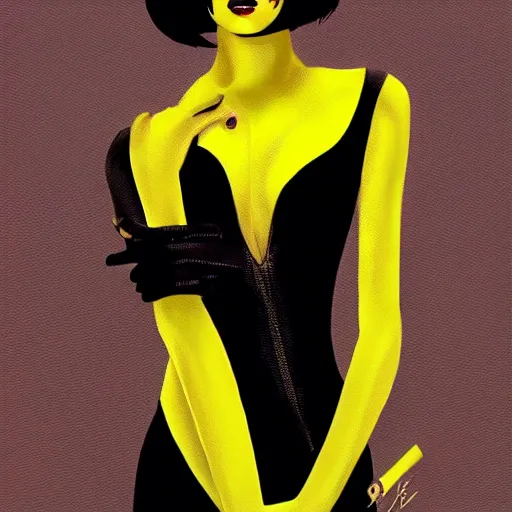 Image similar to slim girl in yellow snake skin tuxedo and black leather gloves with short black hair and with black eye patch, elegant, 2d, ultra highly detailed, digital painting, smooth, sharp focus, artstation, art by Ilya Kuvshinov