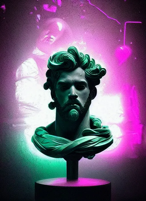 Prompt: bust of hercules, beeple, android jones, vaporwave, retrowave, black background, neon wiring, black, glitch, strong contrast, cuts, pinterest, trending on artstation