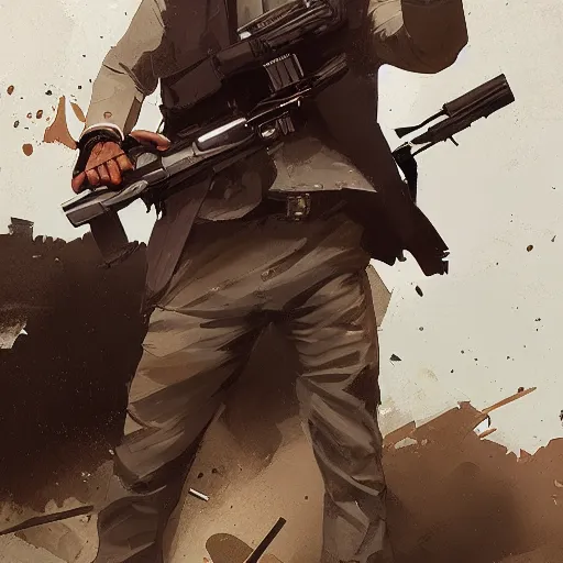 Image similar to franklin from gta v holding a huge machine gun by greg rutkowski