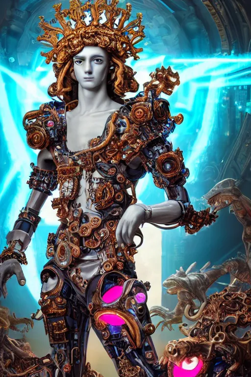 Image similar to full-body rococo and cyberpunk style sculpture of a young handsome Spanish prince half android with a chest exposing circuitry, glowing pink laser eyes, crown of blue gears and diamonds, swirling salmon-colored silk fabric, robotic raptors dinosaurs. baroque elements. full-length view. intricate artwork by caravaggio. Trending on artstation, octane render, cinematic lighting from the right, hyper realism, octane render, 8k, depth of field, 3D