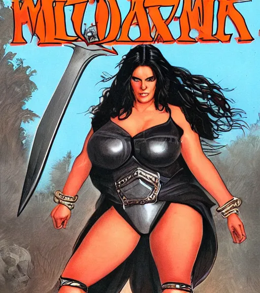 Image similar to 1 9 8 0 s fantasy novel book cover, bbw plus size amazonian young courtney cox in extremely tight bikini armor wielding a cartoonishly large sword, exaggerated body features, dark and smoky background, low quality print