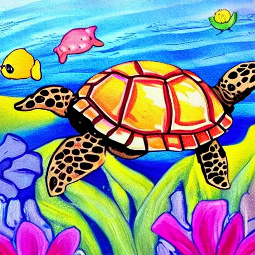 Prompt: painting of a happy turtle swimming in a sea of flowers