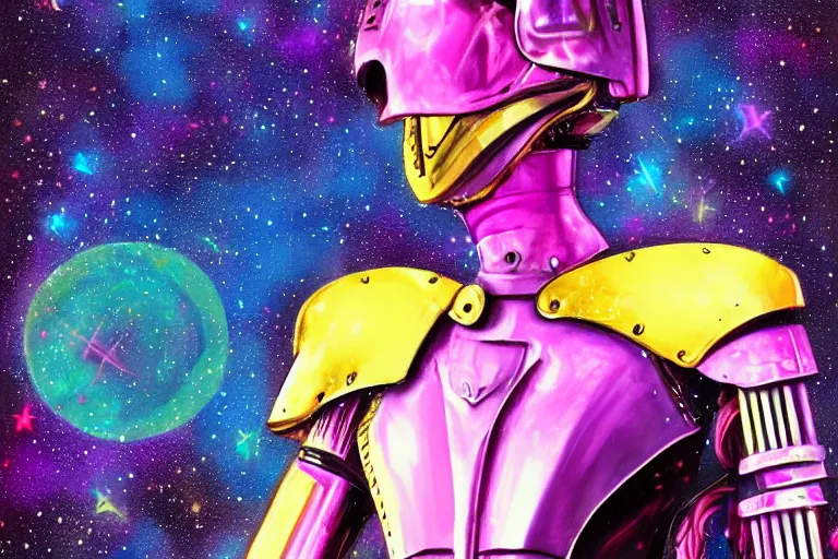 Image similar to digital art of a beautiful princess wearing suit of armor looking up at the stars, acrylic art, universe, painting, pastel colors, synthwave, retro, cyberpunk,