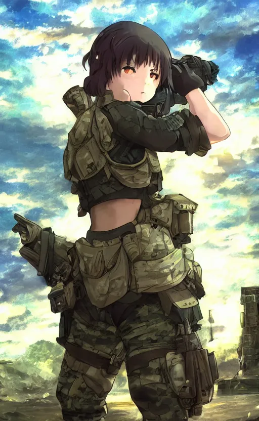 Image similar to girl, trading card front, future soldier clothing, future combat gear, realistic anatomy, concept art, professional, by ufotable anime studio, green screen, volumetric lights, stunning, military camp in the background