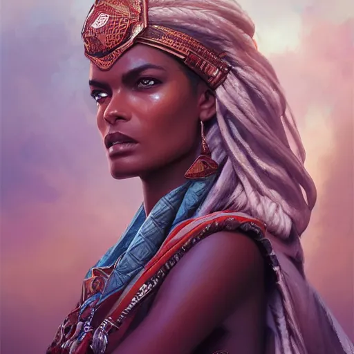 Prompt: saharan empress, liya kebede, D&D, fantasy, portrait, highly detailed, digital painting, trending on artstation, concept art, sharp focus, illustration, art by artgerm and greg rutkowski and magali villeneuve