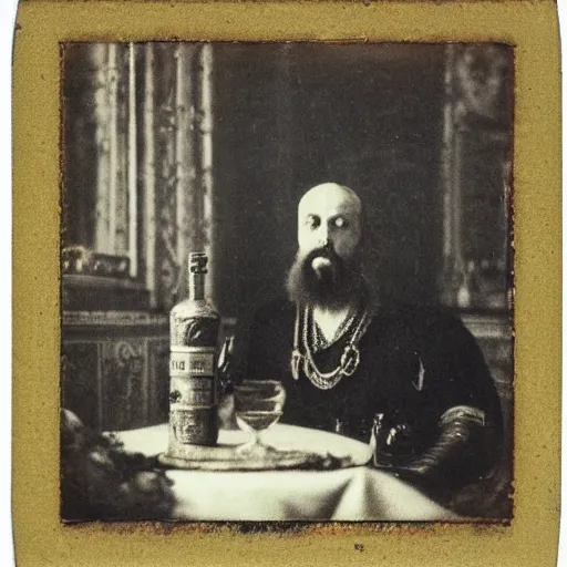 Image similar to portrait of Ivan the Terrible in his palace in Moscow drinking vodka, polaroid, photo, high detail,