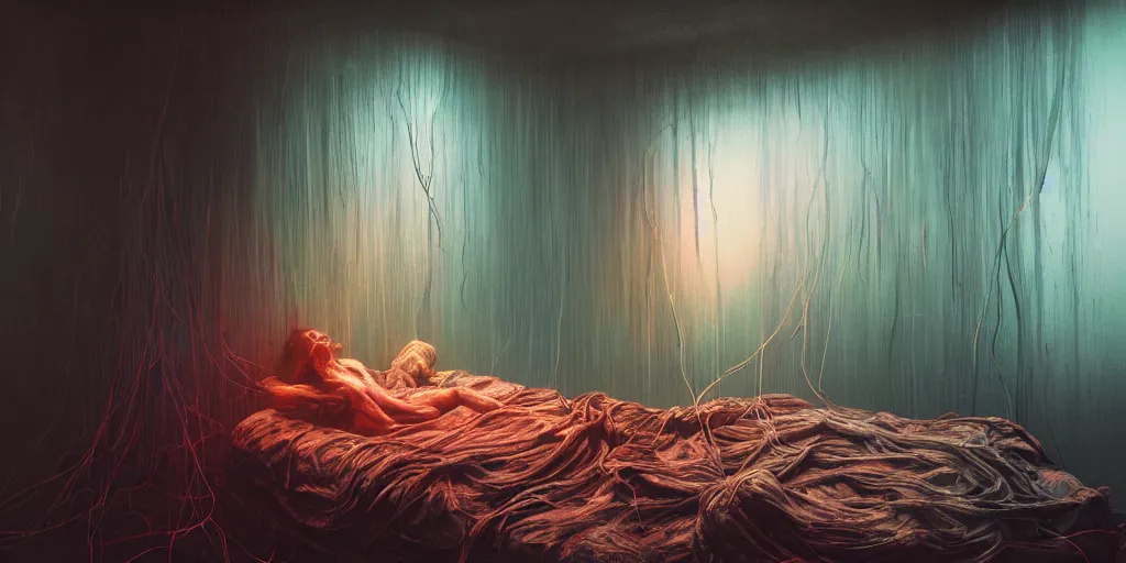Prompt: rgb, glowing, depression!!!!!, maximalist interior, woman, cinematic, movie scene, inspired by zdzislaw beksinski, clothes made out of veins,, cables everywhere, bedroom, ultra realistic, concept art, intricate details, highly detailed, photorealistic, octane render, 8 k