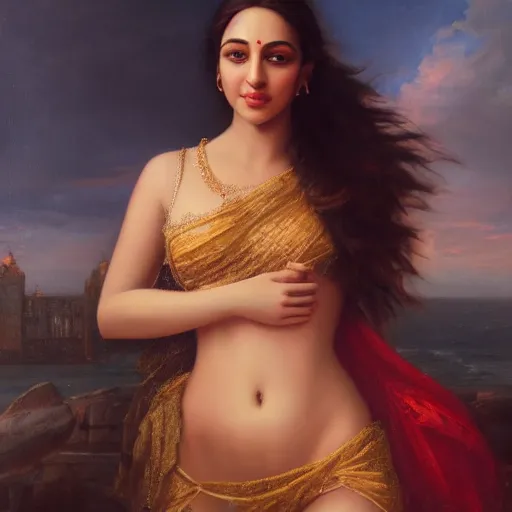 Image similar to Kiara Advani Aphrodite. history painting, dusk, implacable, artstation, oil on canvas, by Albert Aublet, Private Collection