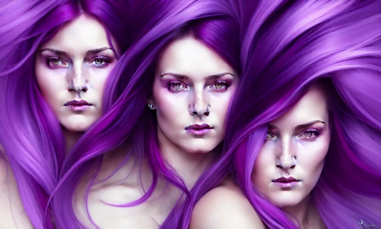 Image similar to Purple hair relistic Portrait of a two woman with bright colored flying hair, all shades of purple. Beauty face, Hair coloring, fantasy, intricate, elegant, highly detailed, digital painting, artstation, concept art, smooth, sharp focus, illustration, art by artgerm and greg rutkowski and alphonse mucha