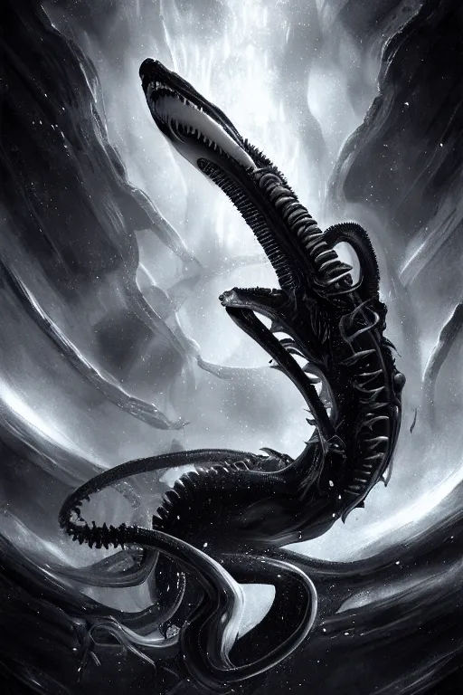 Prompt: black and white, deep space, nebula, giant xenomorph alien mixed with sharks extra teeth, tentacles, highly detailed, digital painting, artstation, concept art, smooth, sharp focus, illustration, unreal engine 5, 8 k, art by carlos huante and greg rutkowski and alphonse mucha and ifbb pro fitness photograph