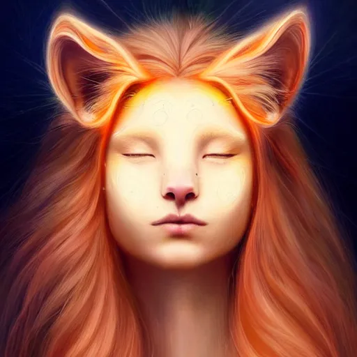 Image similar to Portrait of a girl angel with pale orange colored frizzy strands of illuminated hair, cat ears on her head, glowing halo, Lion's Mane, Lion's Gate, fantasy, intricate, elegant, highly detailed, digital painting, artstation, concept art, smooth, sharp focus, illustration, art by Krenz Cushart and Artem Demura and alphonse mucha