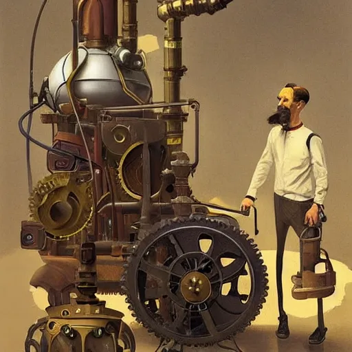 Prompt: A random pointless contraption ((steampunk)) industrial appliance pneumatic machine with no apparent purpose, being operated by a scholarly looking man with a clear directed gaze, artwork by Sergey Kolesov