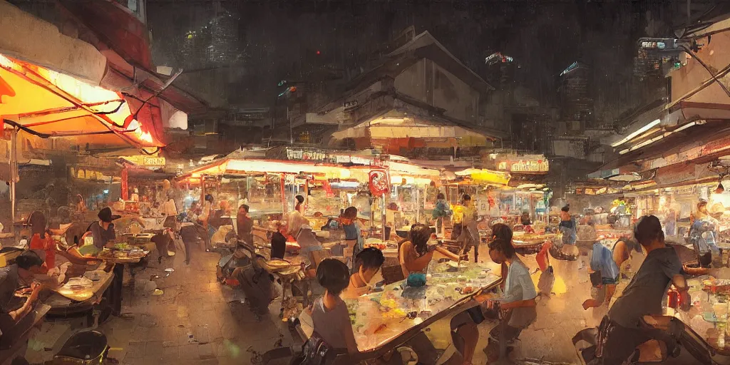 Image similar to a singaporean hawker centre at night, by greg rutkowski