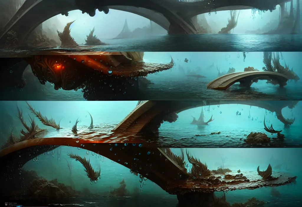 Prompt: study material with side perspective, transparent water River flow, realistic water foam,agua droplets, underwater, bridge made of water ,physically based rendering, defined features by ellen jewett, tomasz alen kopera and Justin Gerard